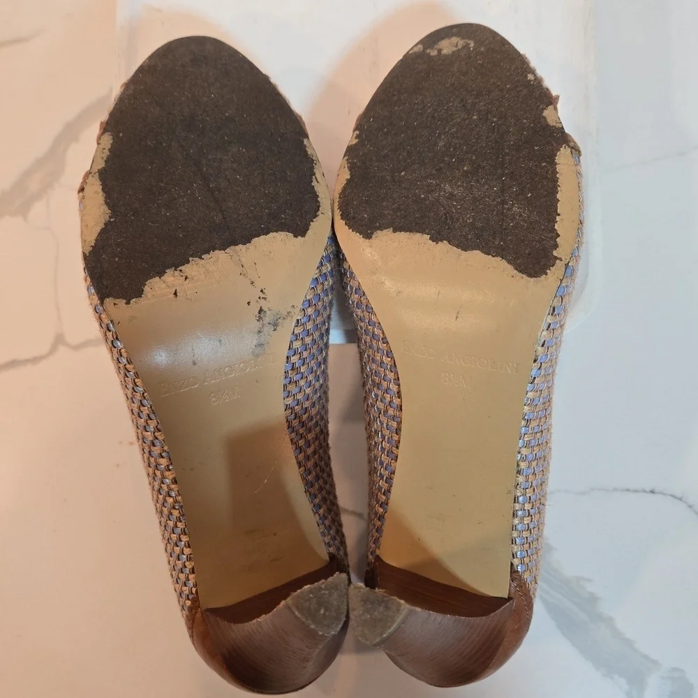 Enzo Angiolini Floral Weave Leather Peep Toe Fairycore Boho Heels Brown Blue 8.5